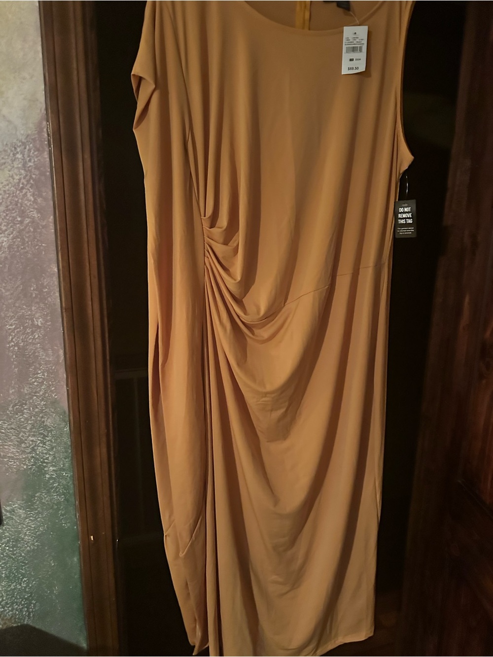 Ashley Stewart Mustard color, Asymmetrical Draped Sleeveless Dress